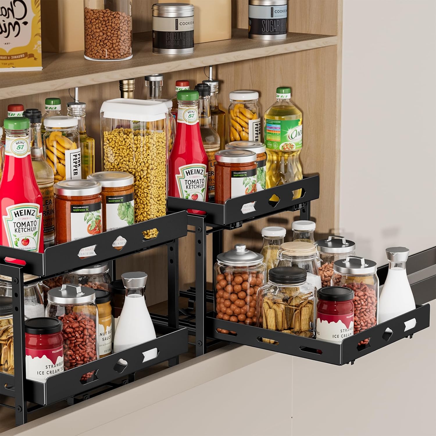 Pull Out Spice Rack Organizer for Cabinet, 2 Tier Cabinet Spice Rack Organizer, Height Adjustable Vertical Spice Rack