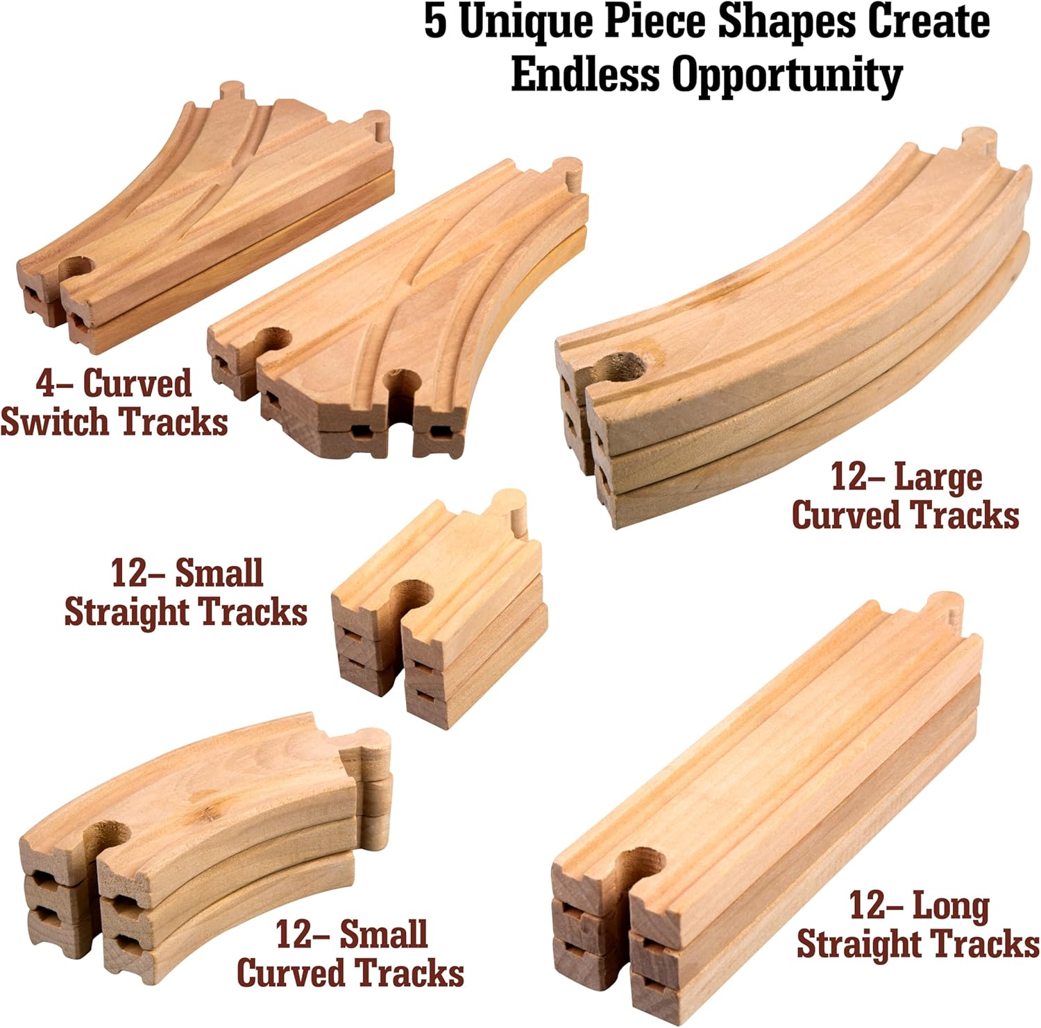 Wooden Train Track 52 Piece Set-18 Feet Of Track Expansion - 5 Distinct Pieces - 100% Compatible with All Major