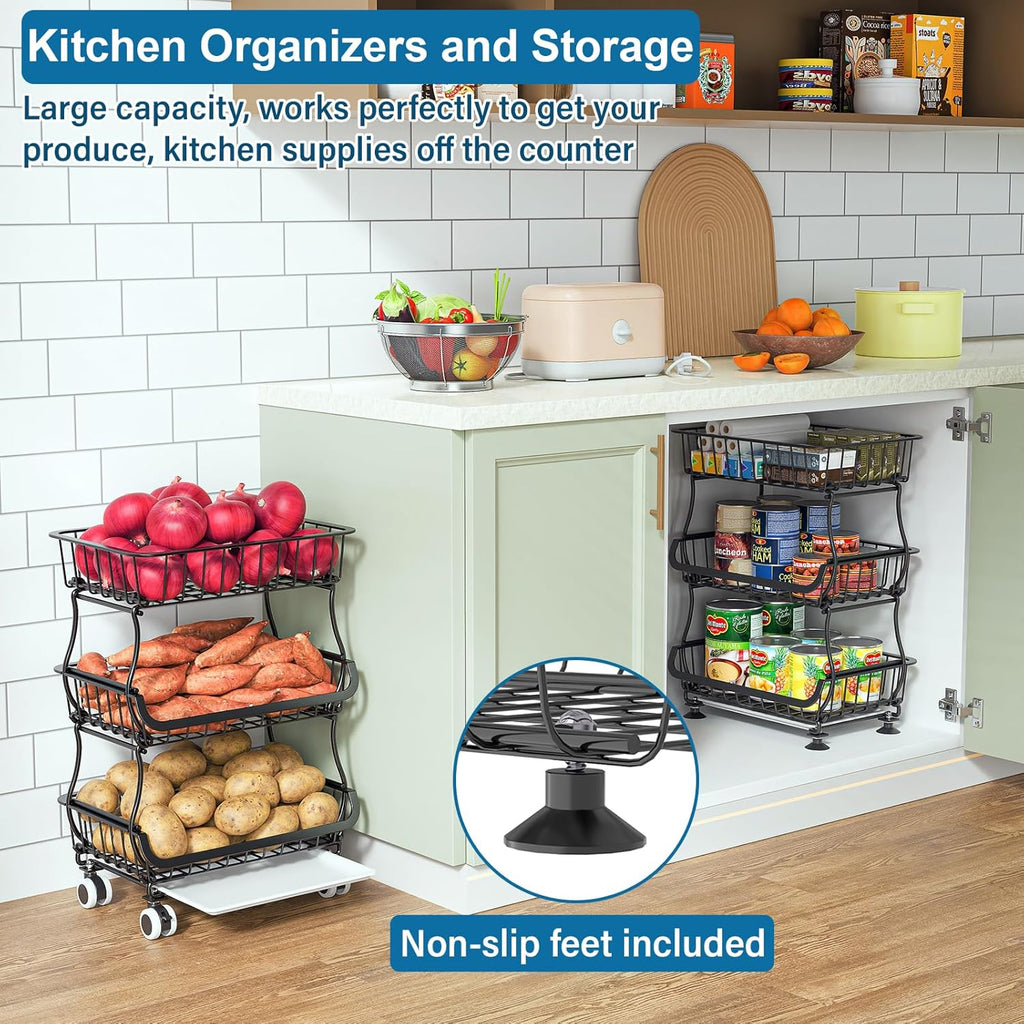 3-Tier Rolling Pantry Floor Organizer and Storage Cart with Wheels, Stackable Wire Pantry Baskets for Pantry Shelves