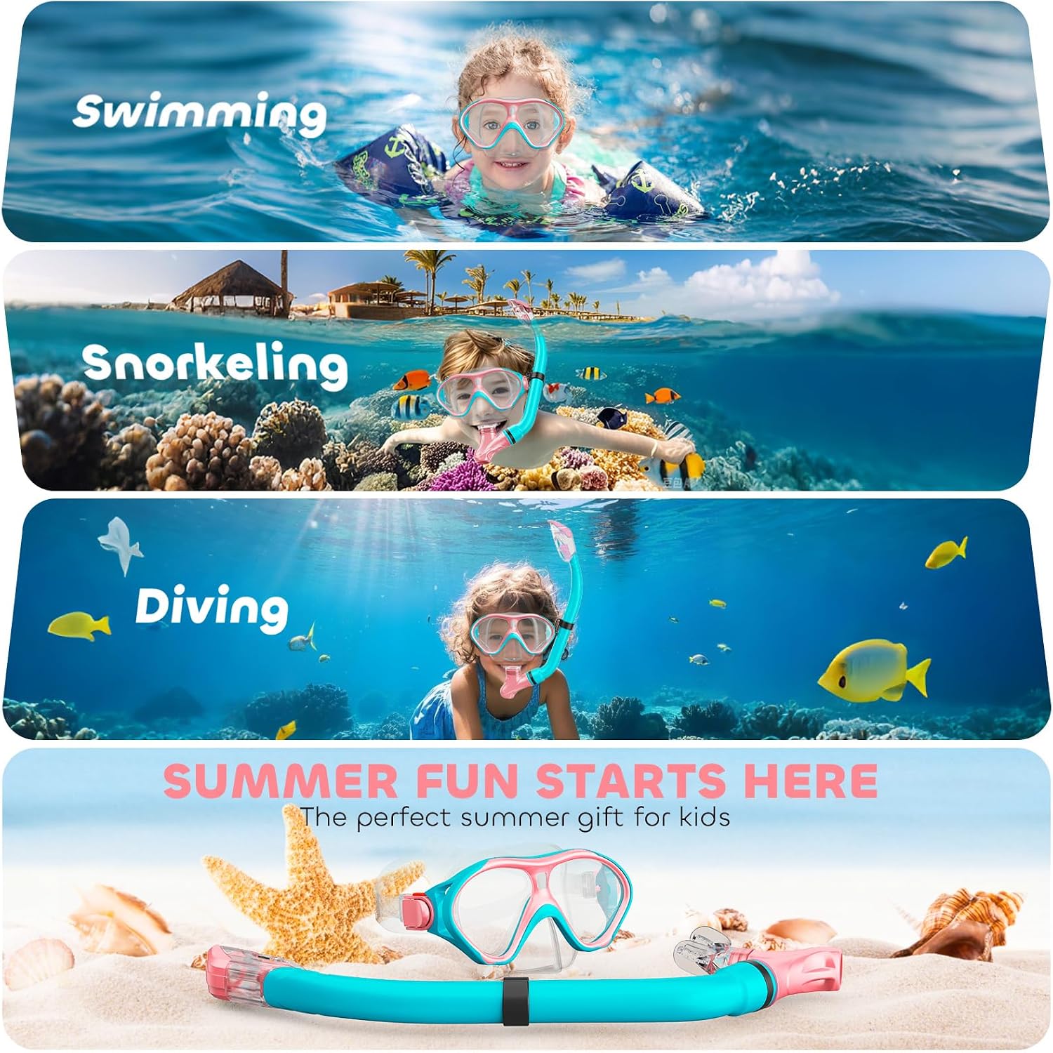 Kids Snorkel Set, Dry Top Snorkeling Gear Kids Swimming Goggles, Anti-Fog Tempered Glass Snorkel Mask with Foldable