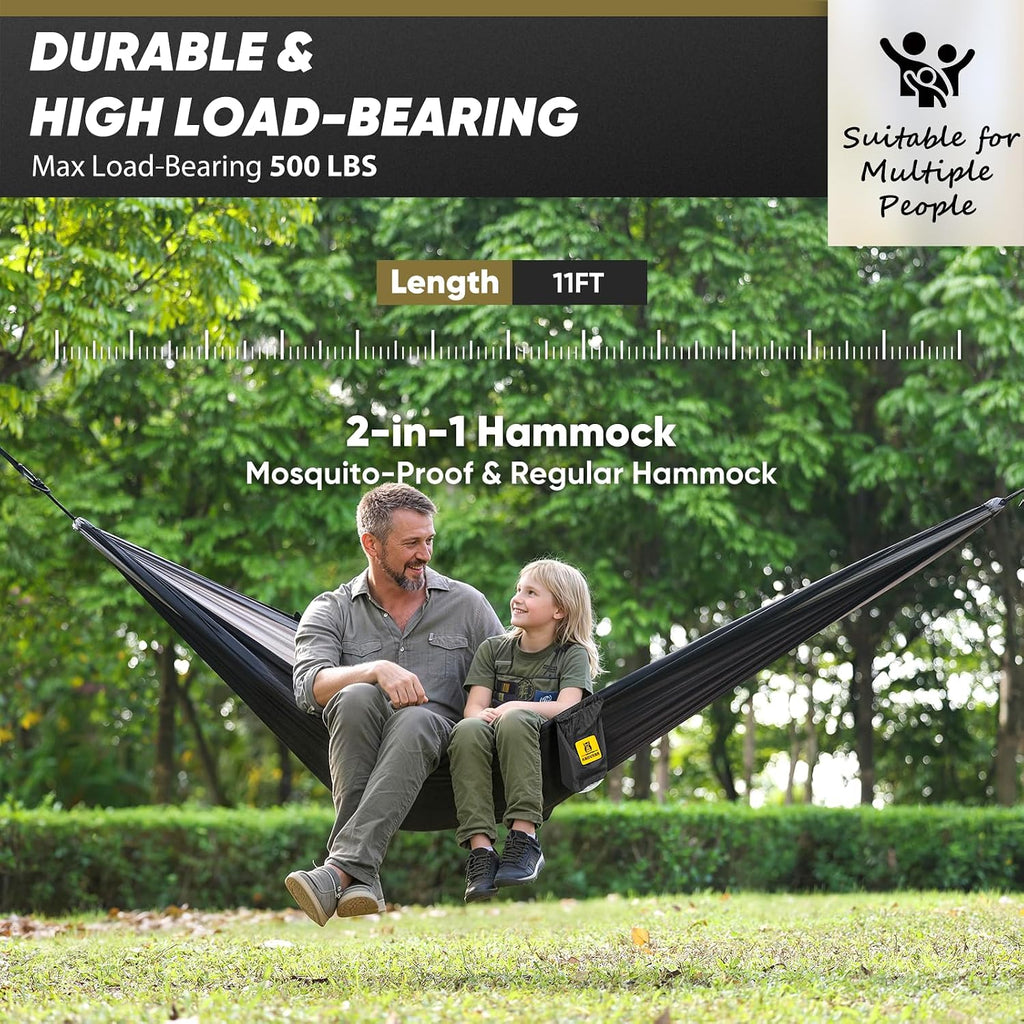 Camping Hammock with Mosquito Net, 500 lbs Portable Hammock with Tree Straps, 2-in-1 Double/Single Travel Hammock