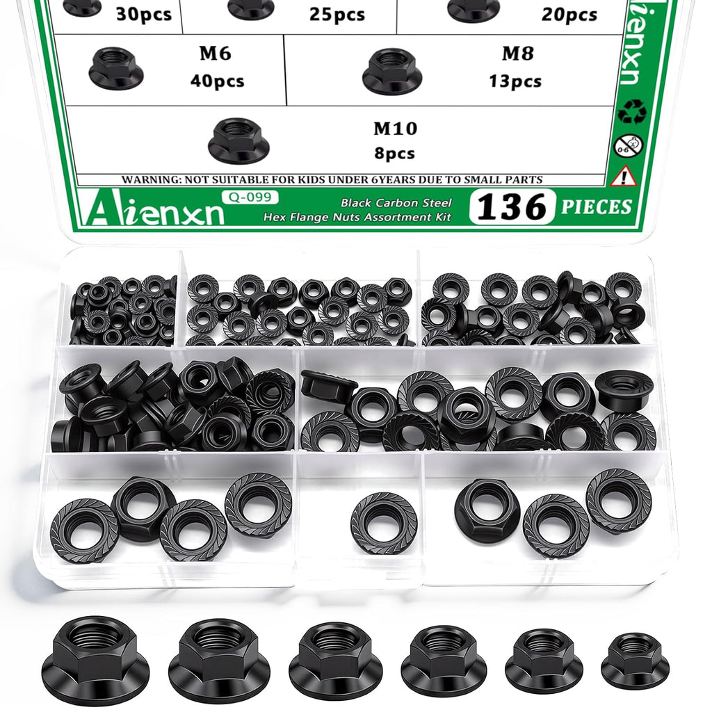 136PCS Hex Flange Nuts, Black Carbon Steel, 6 Metric Sizes M3-M10