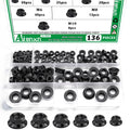 136PCS Hex Flange Nuts, Black Carbon Steel, 6 Metric Sizes M3-M10