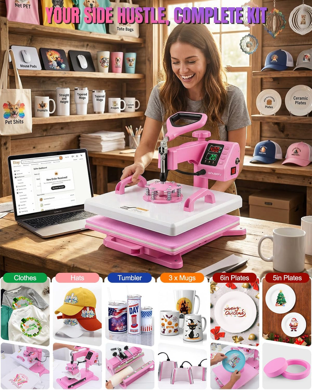 15x15 Slide-Out Heat Press 8-in-1 Combo w/ 30oz Tumbler, Hat, Plate Presses | Dual-Tube Fast Heating & 4-Zone PID
