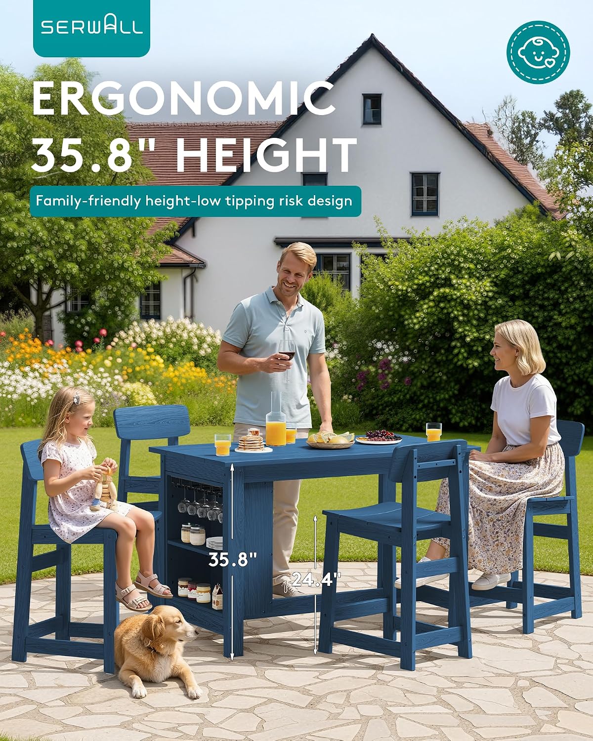 Outdoor HDPE Counter-Height Bar Stools Set of 2, Blue