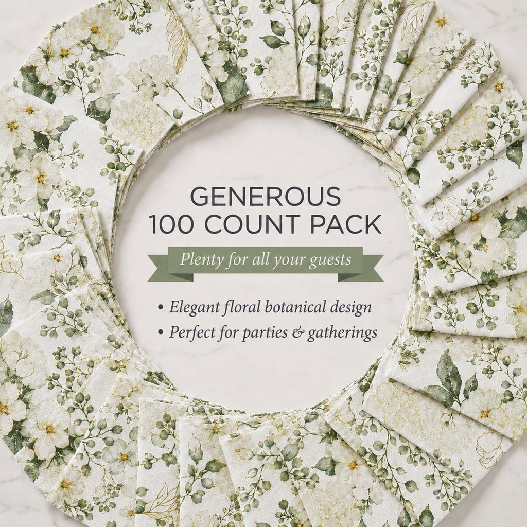White Green Floral Cocktail Napkins 100 Count Botanical Beverage Napkins