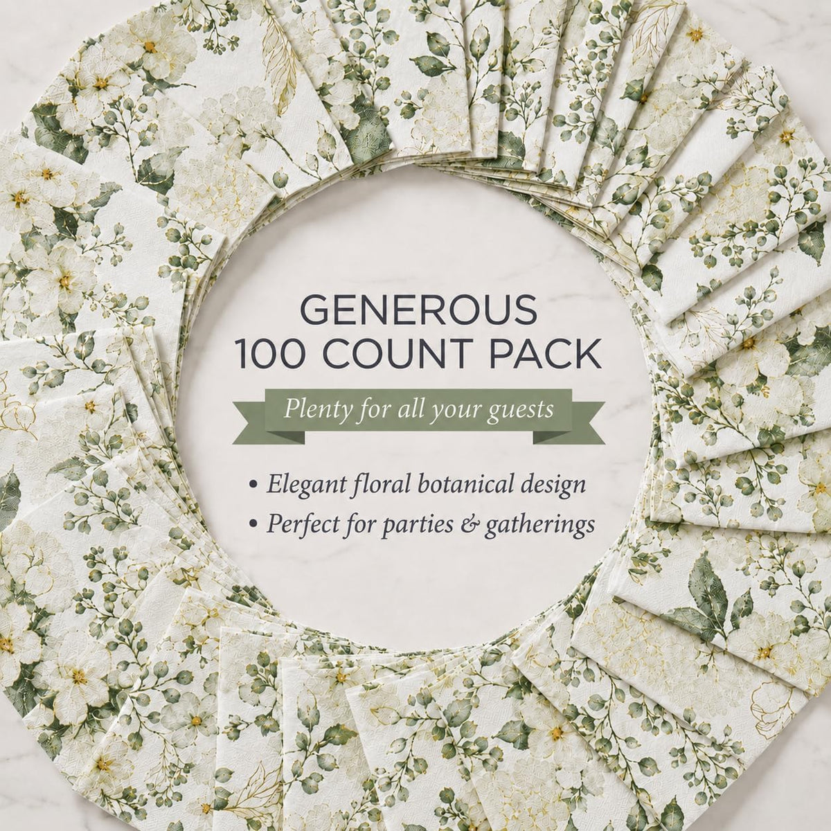 White Green Floral Cocktail Napkins 100 Count Botanical Beverage Napkins