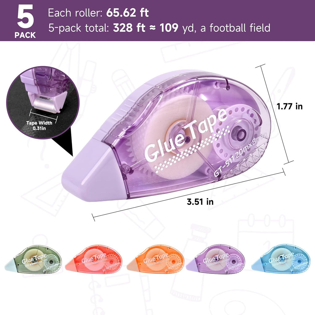 65.62 ft Extra-Long Glue Tape, 0.31 in Wide Scrapbook Tape, 5-Pack, Photo-Safe Acid-Free Double Sided Tape for