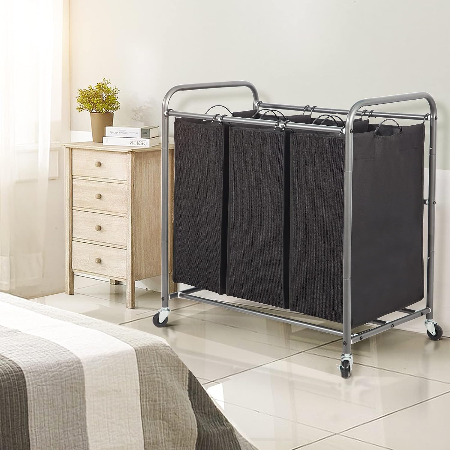 Laundry Sorter 3 Section, 3 Bag Clothes Hamper, Rolling Laundry Cart Basket with Heavy Duty Lockable Wheels and