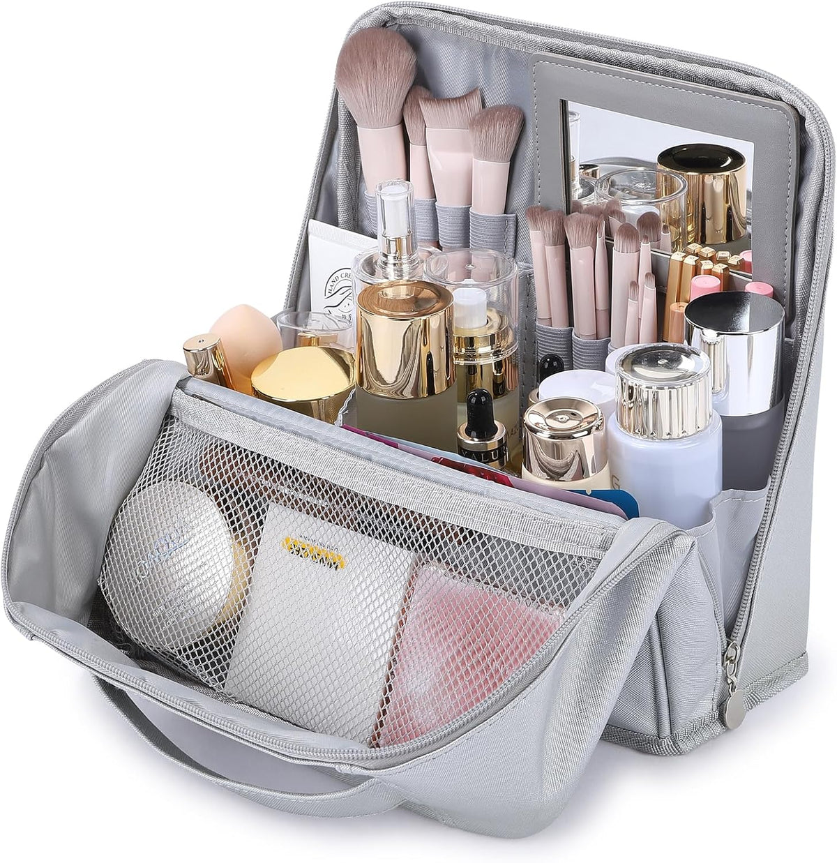 Women Large Leather Cosmetic Bag Travel Stand Makeup bag, silver