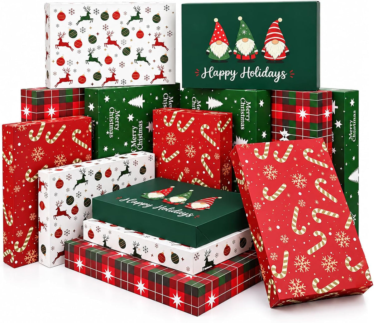 15 Pack Christmas Gift Boxes with Lids, 2 Sizes, 5 Festive Designs