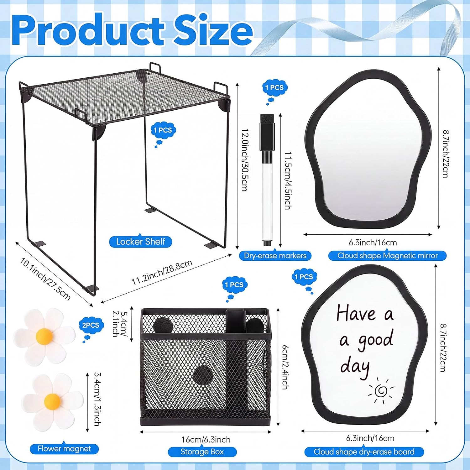 7 Pcs Black Locker Organizer Accessories Kit, Back to School Essentials Includes Cloud Mirror, Whiteboard, Dry Erase