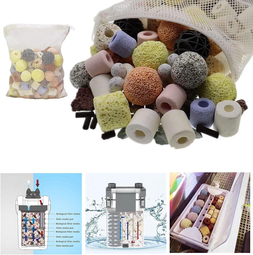 Aquarium Filter Media 15-in-1 Mineral Balls & Ceramic Rings - 500g with Zippered Mesh Bag for Fish Tank/Pond Filters