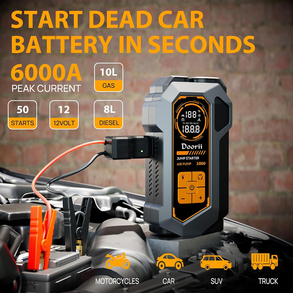 6000A Jump Starter with Air Compressor, 10-in-1 Car Jumper Starter Portable, 150PSI Tire Inflator/Air Pump, LED