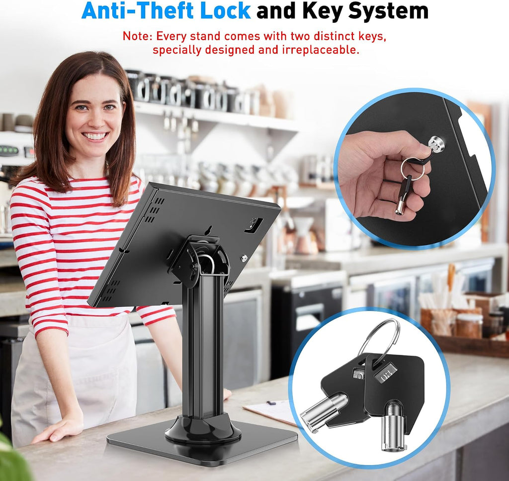 Anti-Theft iPad Kiosk Stand, POS iPad Security Stands, Aluminum Locking Tablet Stand with Heavy Duty Base, 360°