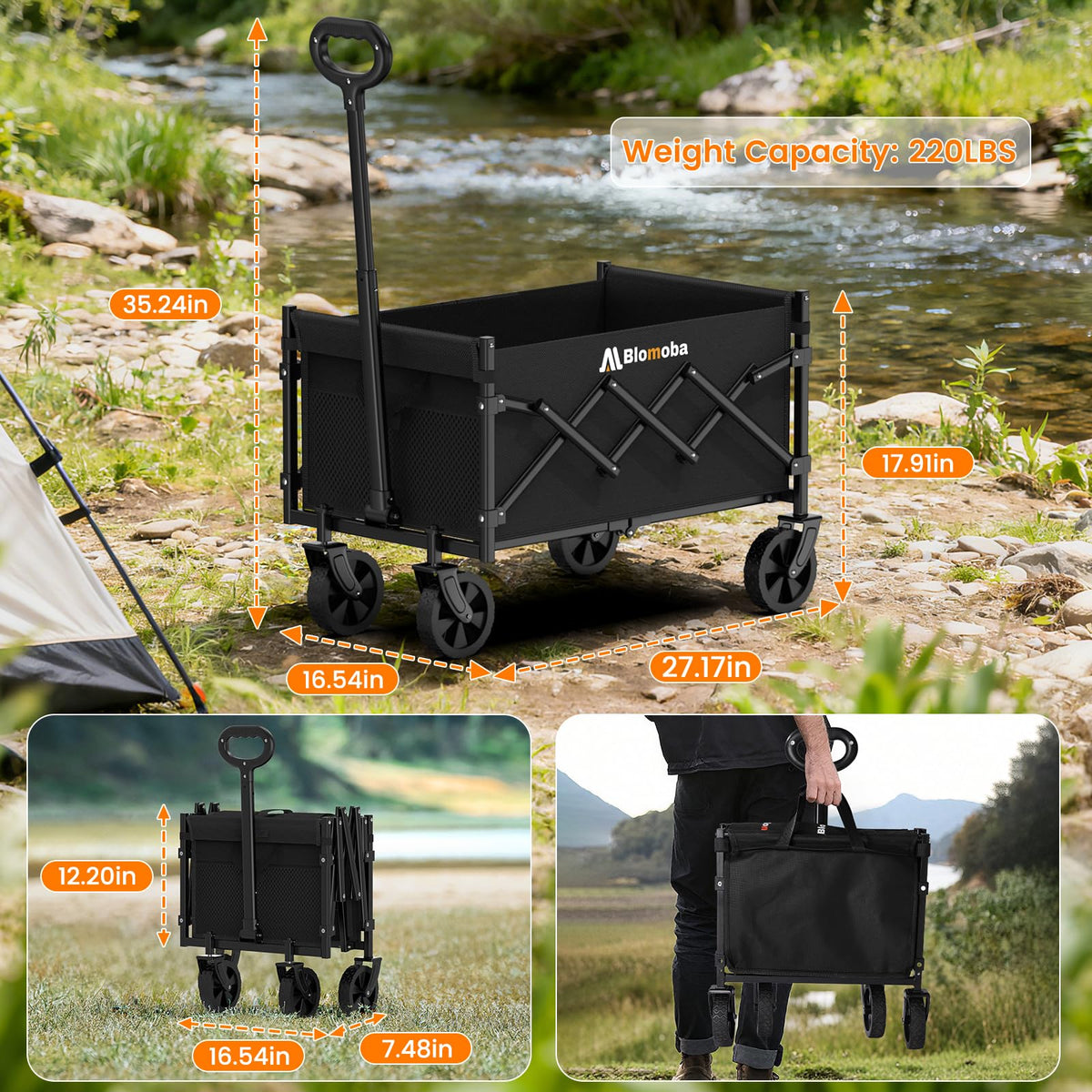 Folding Wagon Cart with Wheels, 220lbs Utility Wagon Cart, Black
