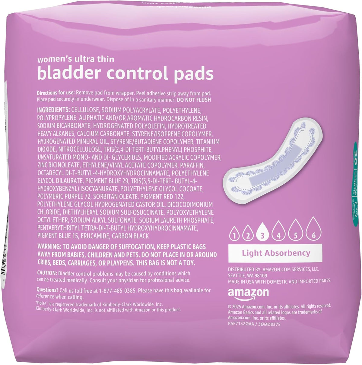 Women's Incontinence Pads, Bladder Control & Postpartum, Light Absorbency, Unscented, 30 Count