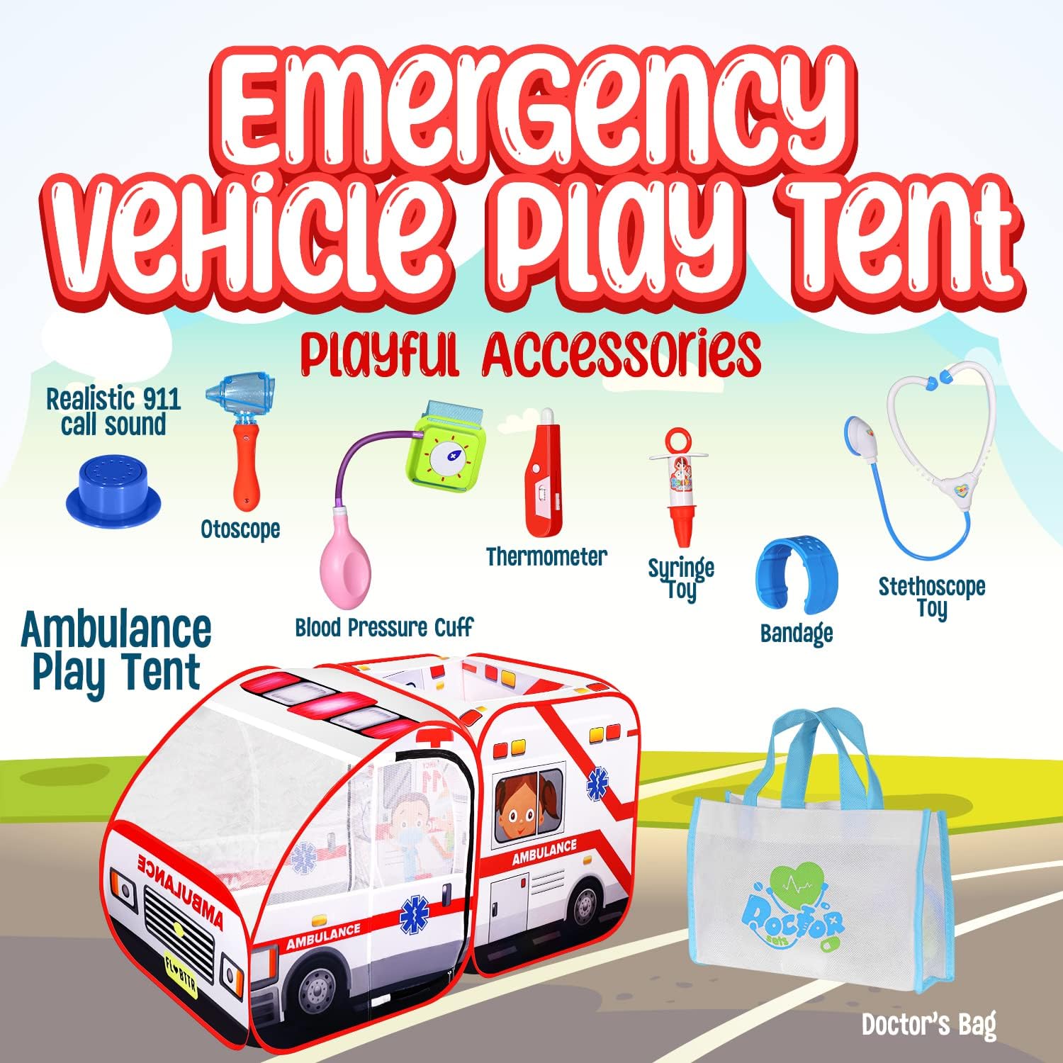 Ambulance Pop-up Play Tent for Kids with Sounds, Doctor Kit & Ball Pit for Toddlers & Up - Easy Setup Pop up Toy for