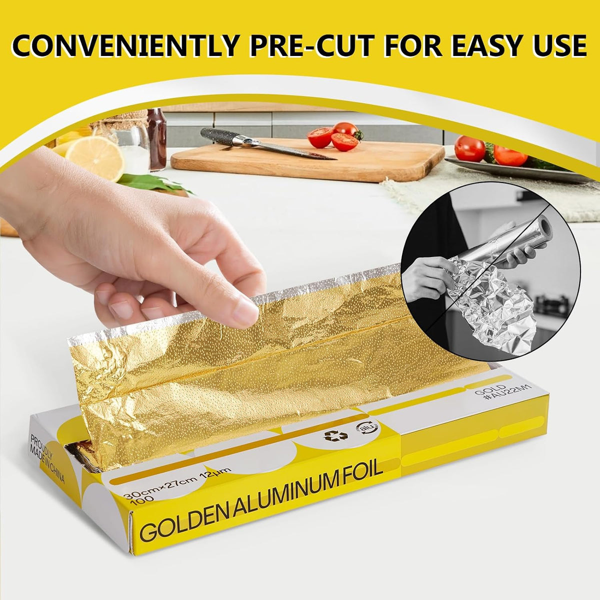100 Count Pre-Cut Gold Foil Sheets, Pop-Up Disposable Aluminum Foil