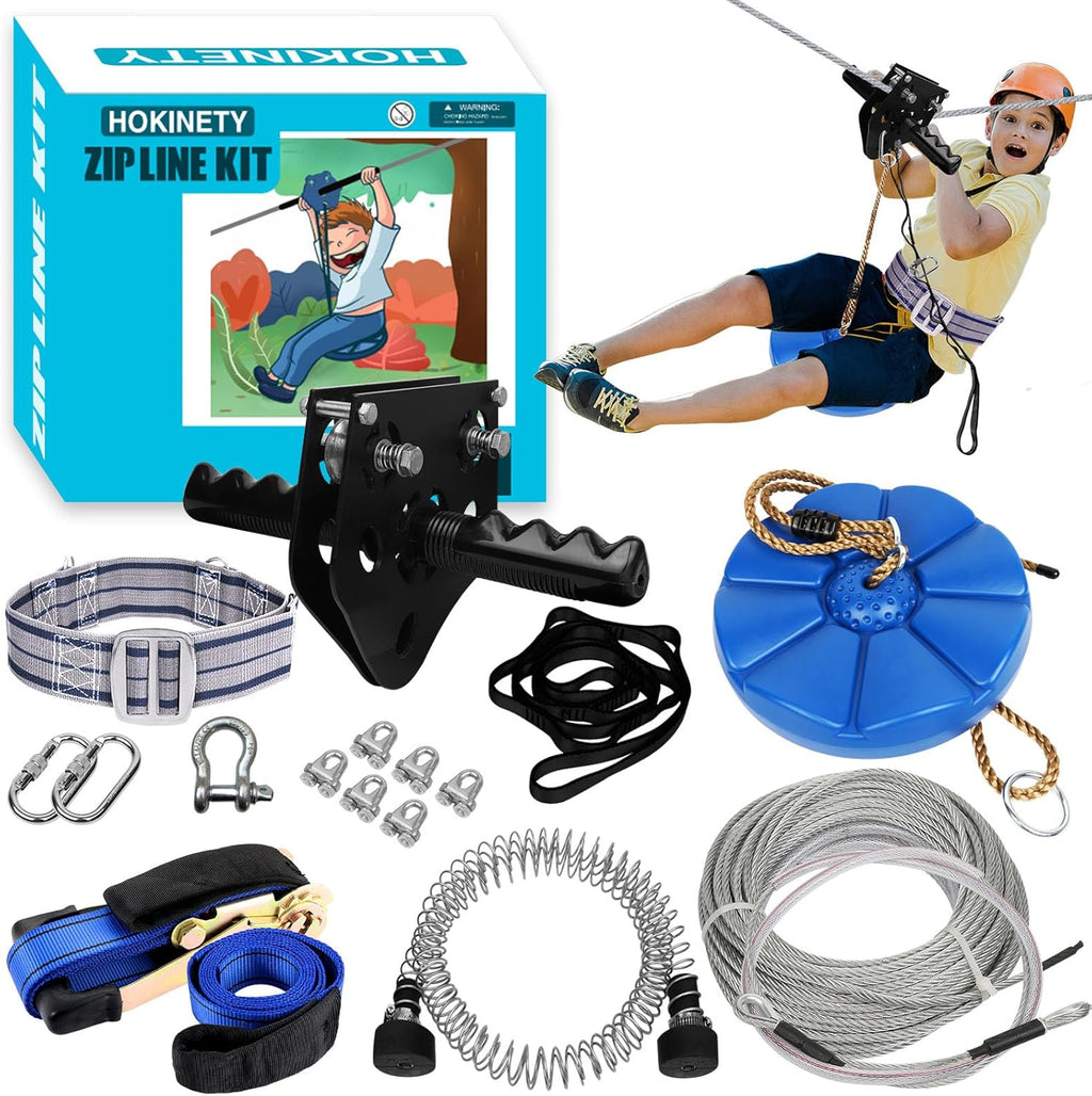 Zip Line Kit for Kids Adults : 100FT / 120FT / 150FT / 200FT Up to 380Lbs - Quick Tighten Zipline for Backyard