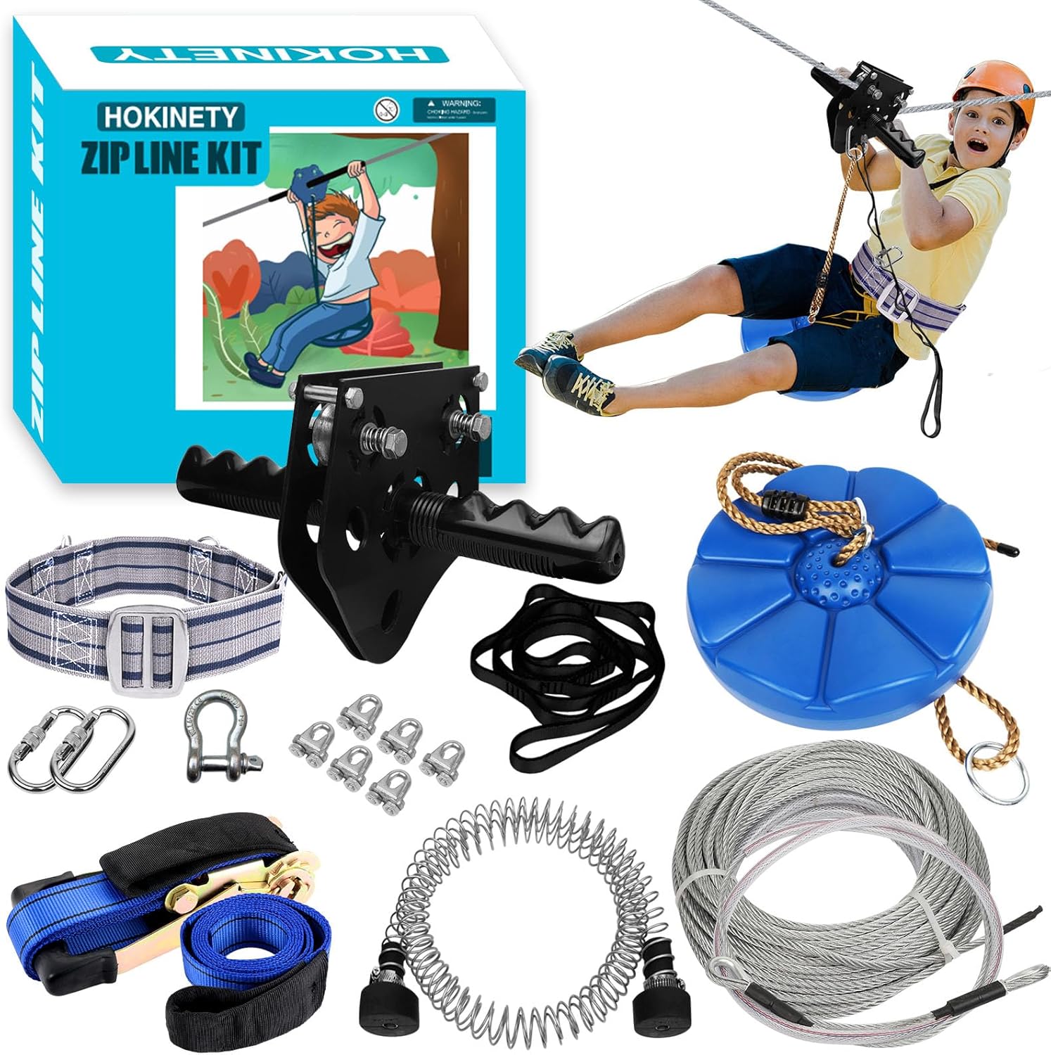 Zip Line Kit for Kids Adults : 100FT / 120FT / 150FT / 200FT Up to 380Lbs - Quick Tighten Zipline for Backyard