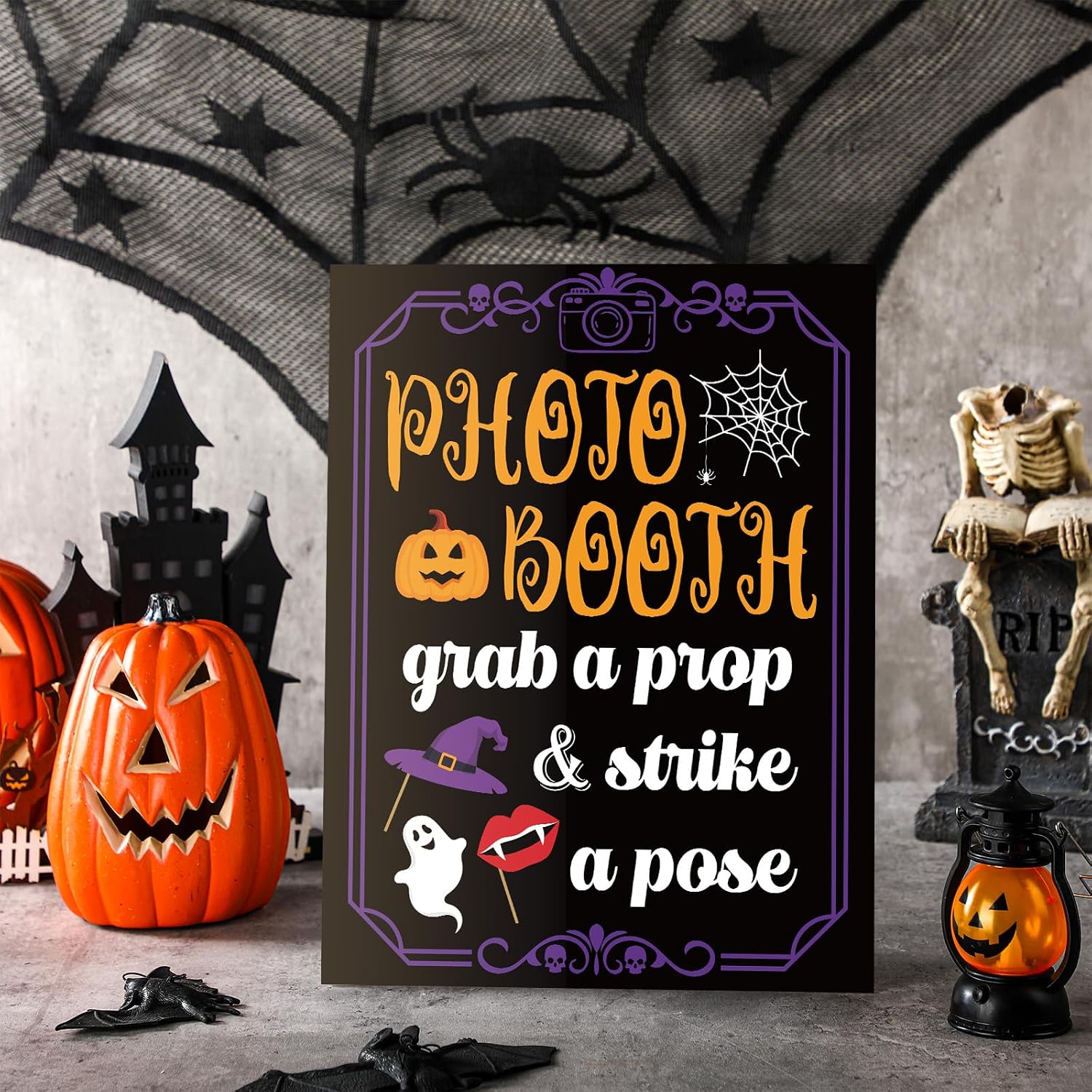 Photo Booth Sign with Stand Retro Background Table for Halloween Indoor and Outdoor Party Theme Event Photography