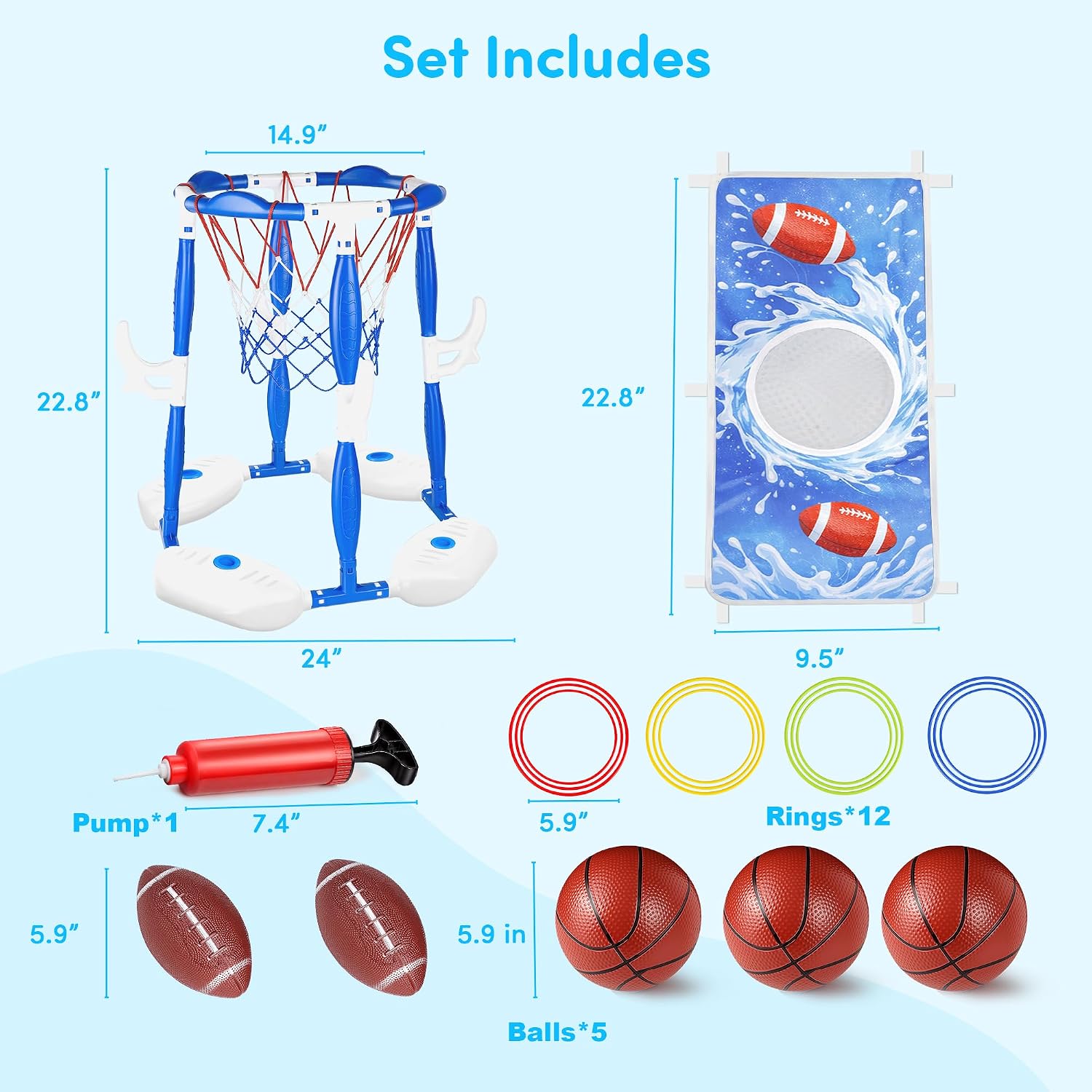 Pool Basketball Hoop, 3-in-1 Floating Poolside Basketball Ring Game Football for Kids Ages 3-12, Outdoor Summer