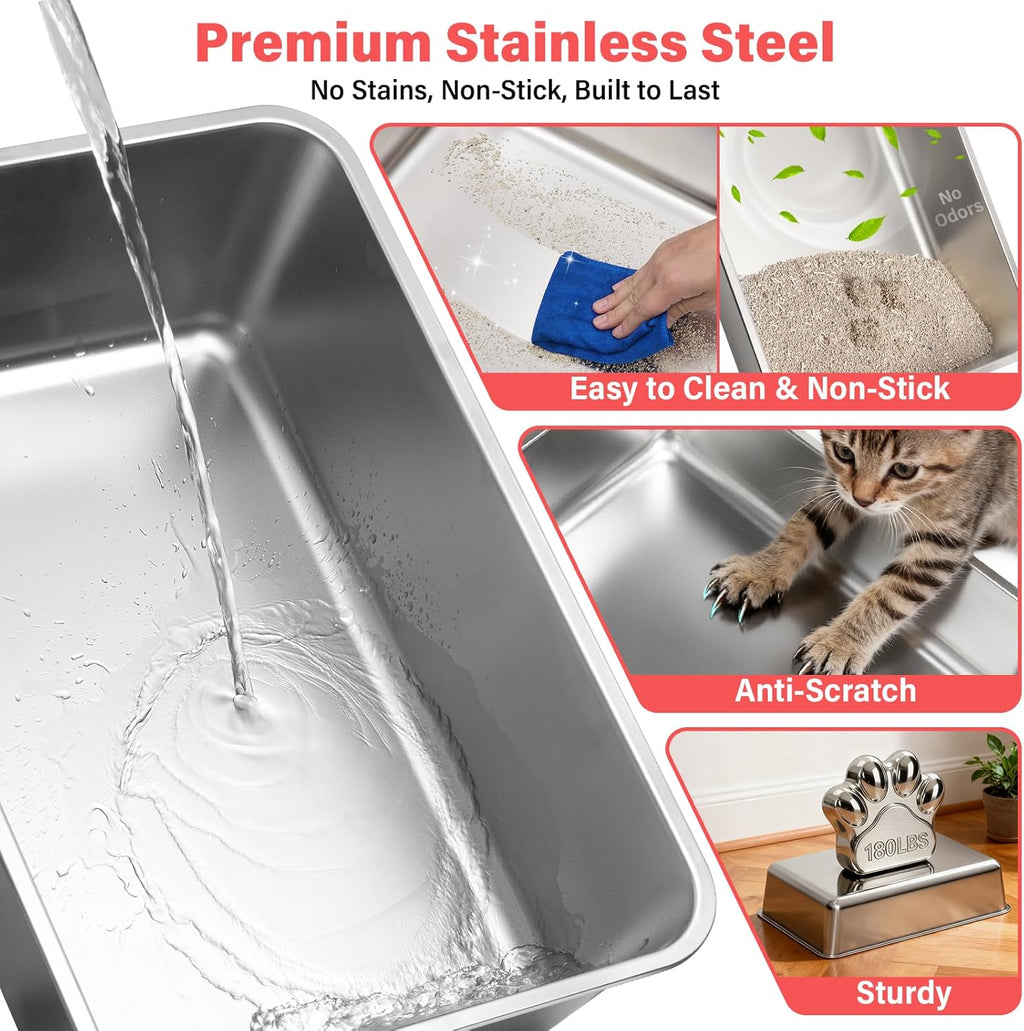 Stainless Steel Litter Box for Kittens, Senior and Big Cats, Extra Large Metal Litter Box with High Sides Lid, Leak