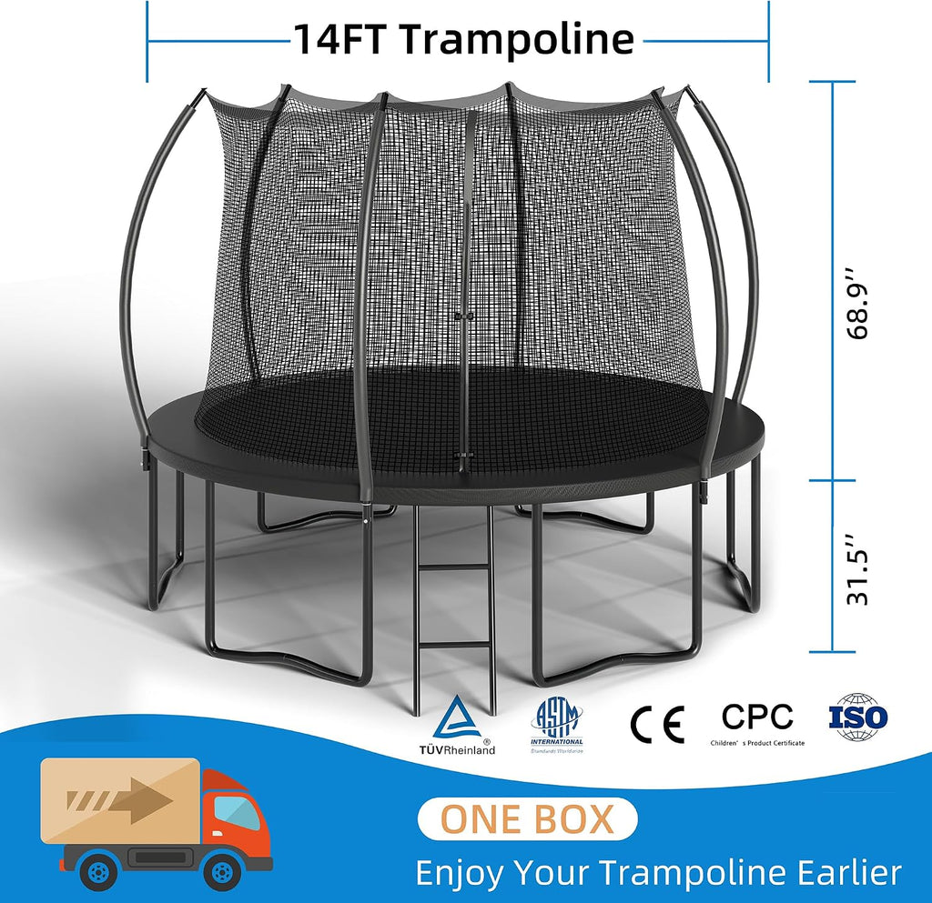 Trampoline 12FT 14FT Enclosure Net Outdoor Jump for Kids and Adults Round ASTM Approved Heavy-Duty Bounce Mat with