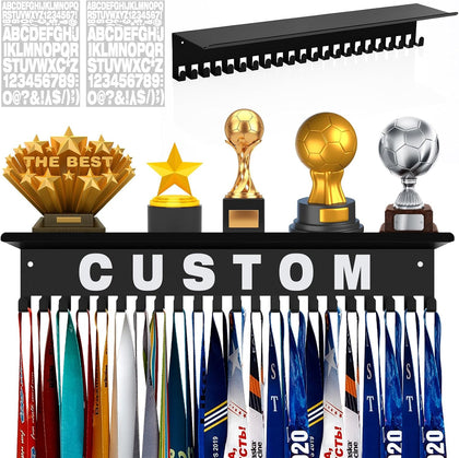 Medal Hanger with Trophy Shelf, 22 Hooks Metal Holder 60+ | Personalized DIY Letter Stickers