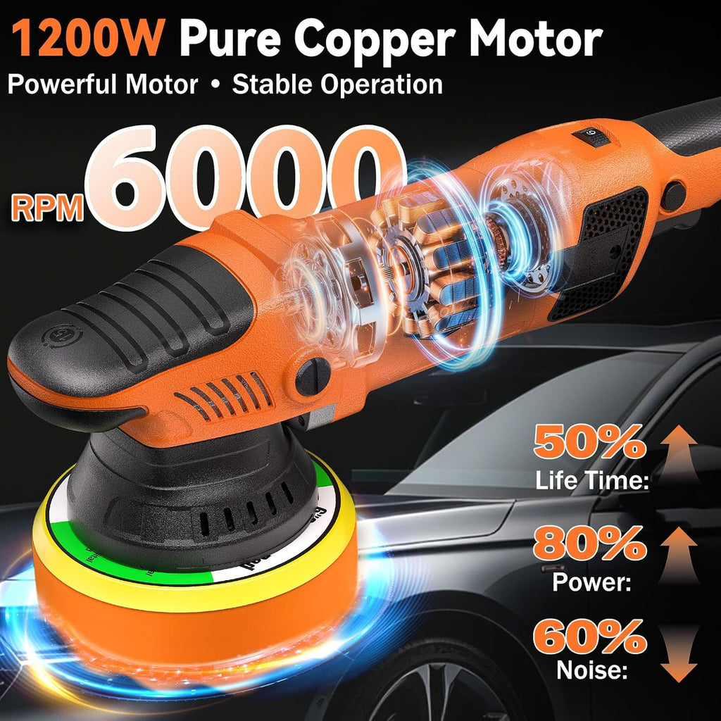 1200W 6" Rotary Buffer, 2500-6000RPM, Detach Handle, Car/Boat Sand & Wax | Protmex Dual Action Car Buffer with 6