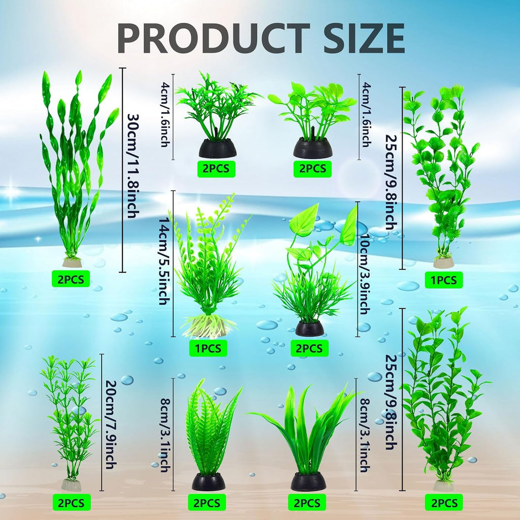 Artificial Aquarium Plants Set, Plastic Fish Tank Decorations, Fish Tank Decor for Betta Goldfish (18pcs-Green)