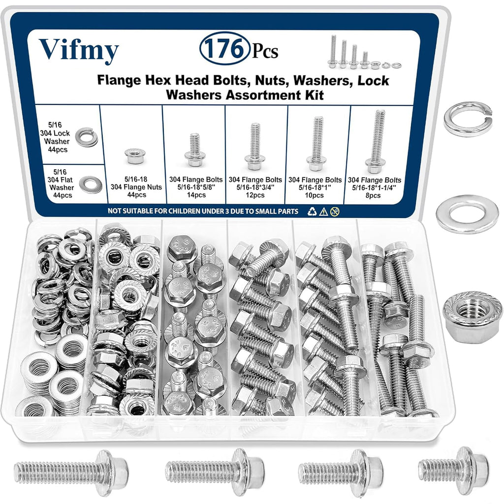 5/16-18 Flange Bolt & Nut Assortment Kit 304 Stainless Steel 176Pcs
