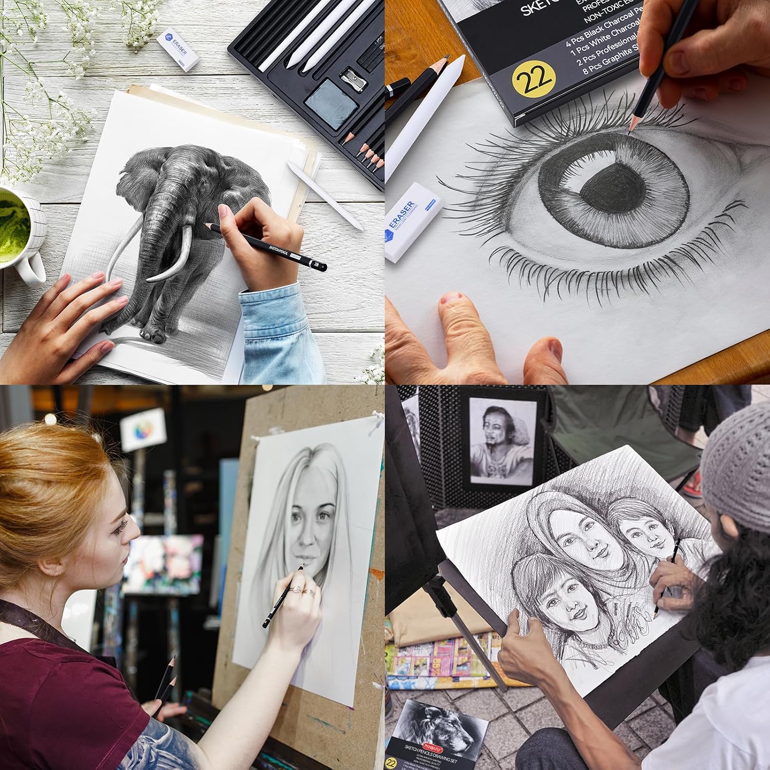 Drawing Sketching Pencil Set, 22 Piece Pro Art Pencil Kit - Graphite Pencils (12B-2H), Black and White Charcoal