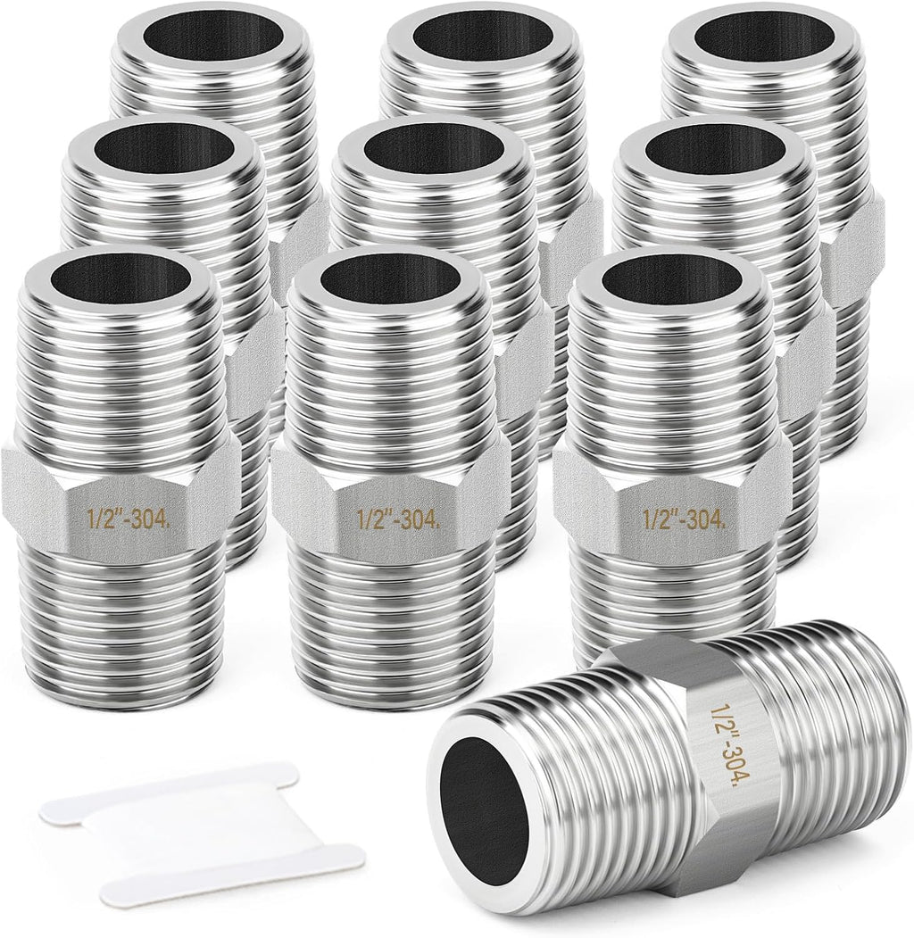 TAISHER 10PCS 304 SS New Hex Nipple,1/2" NPT Male, Pipe Adapter Fitting