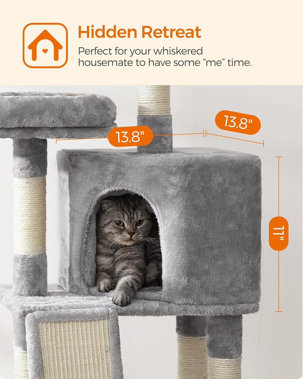 Cat Tree, 45.3-Inch Cat Tower, Plush Condo with Scratching Post, Ramp, Perch, Spacious Cave