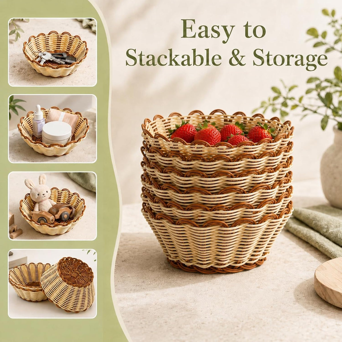 6 Pack Wicker Bread Baskets, 8 Inch Round Serving Baskets for Fast Food, Fruit, Breakfast, Restaurant, Bakery