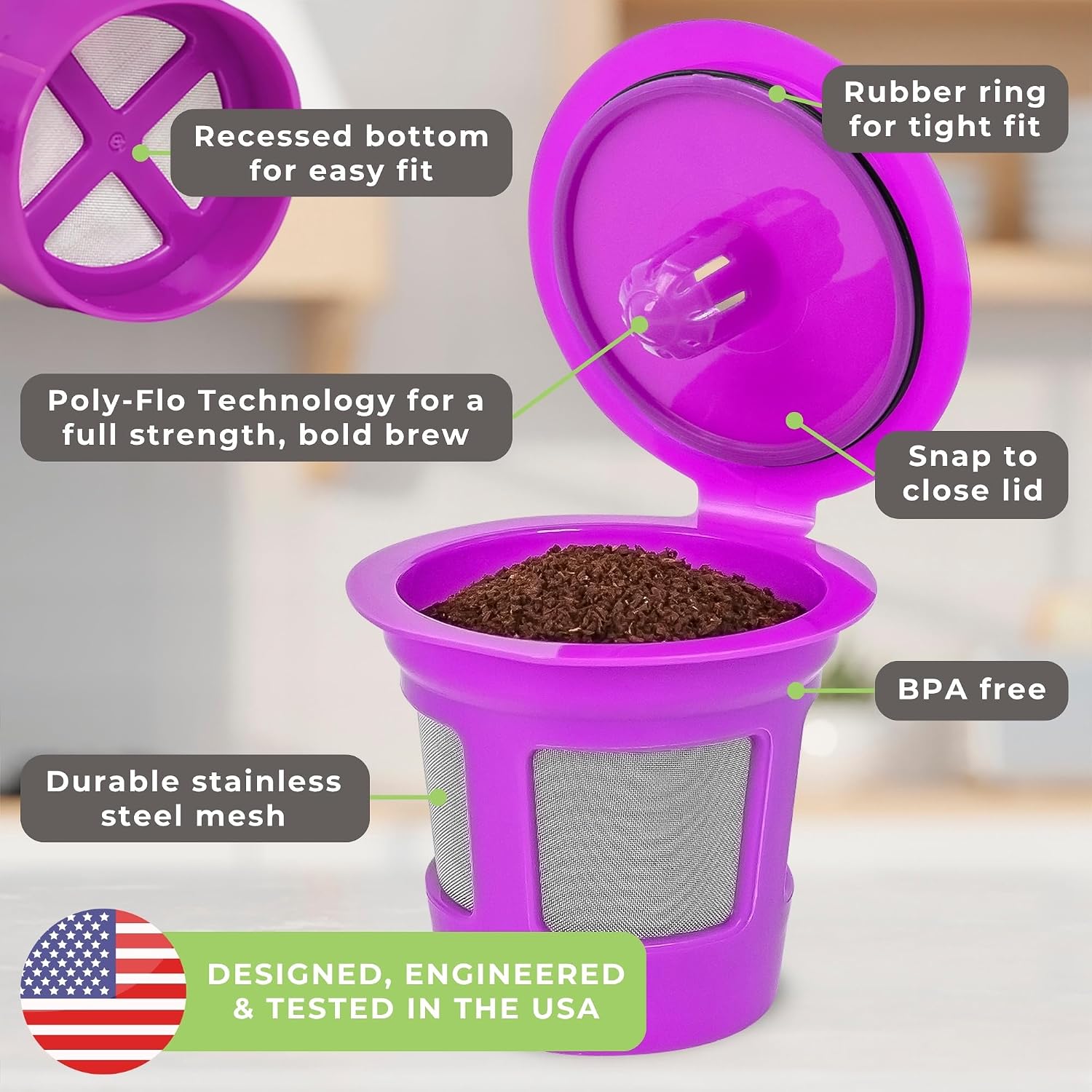 Café Save Reusable K-Cup Coffee Filter Cups, 6 Pack | Refillable 1-Stream Capsules, Built-In Mesh Strainers, 100% BPA