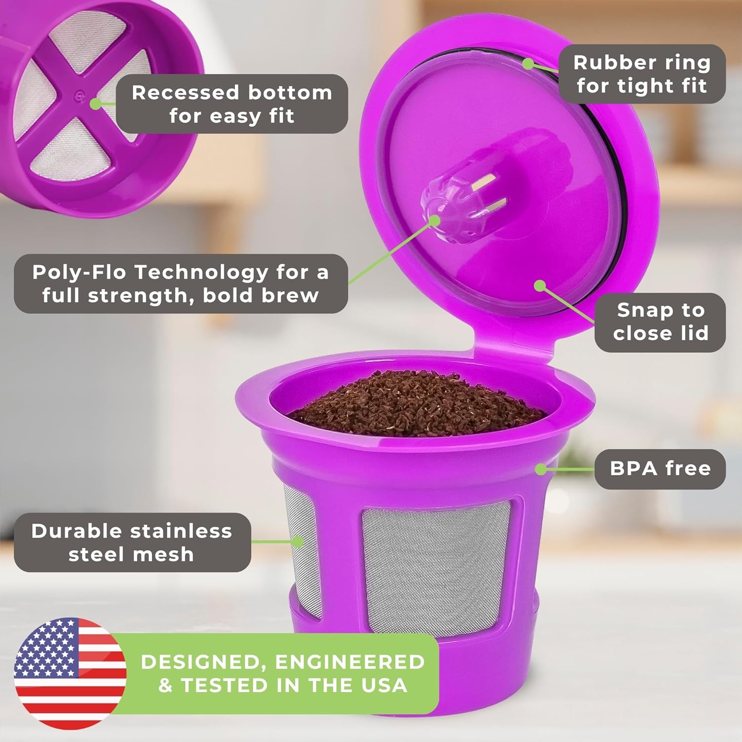 Café Save Reusable K-Cup Coffee Filter Capsules, 4 Pack | Refillable 1-Stream Cups, Built-In Mesh Strainers, 100% BPA