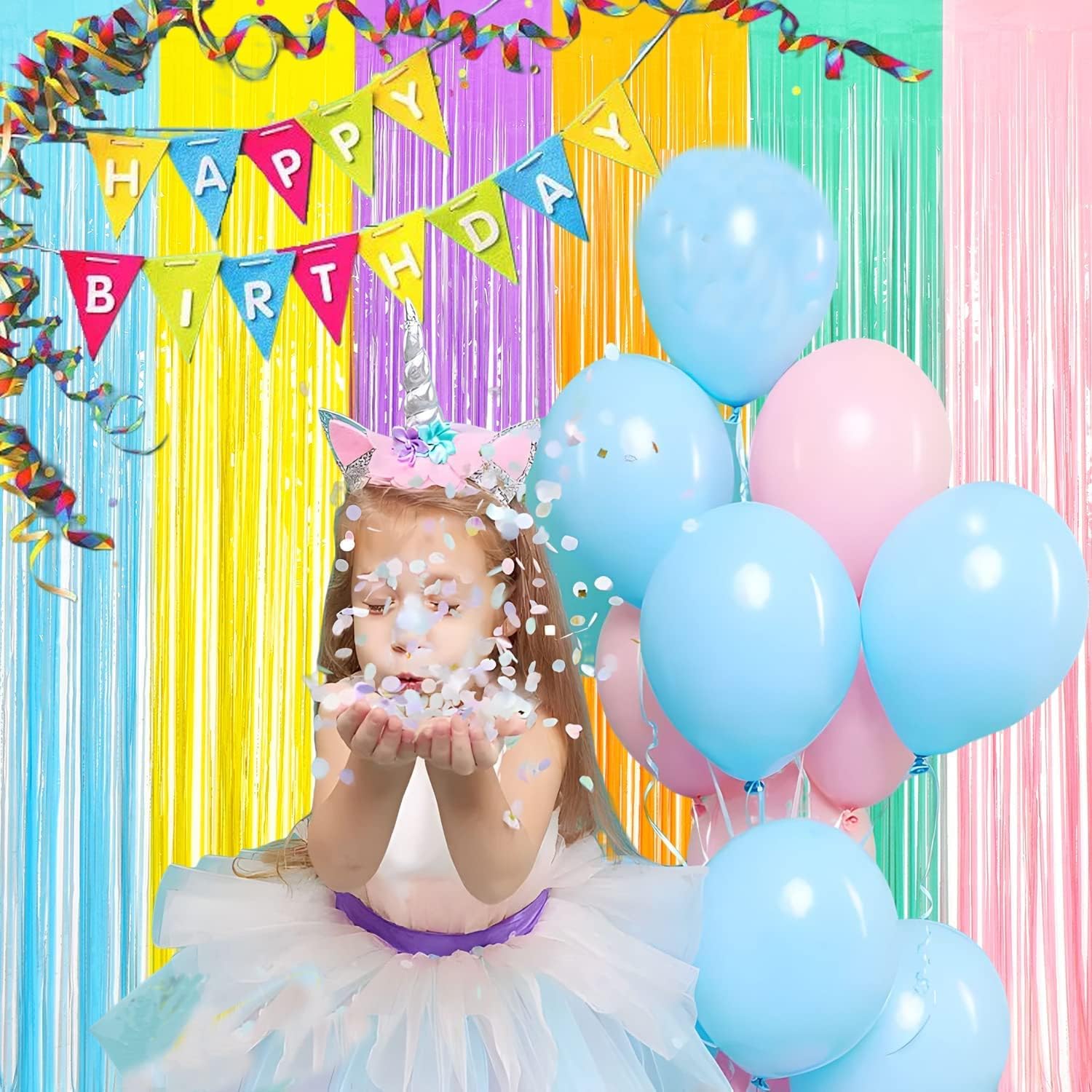 Tinsel Foil Fringe Curtains - 2Pcs 3.2x8.2ft Pastel Colourful Photo Backdrop for Christmas New Years Birthdays Easter