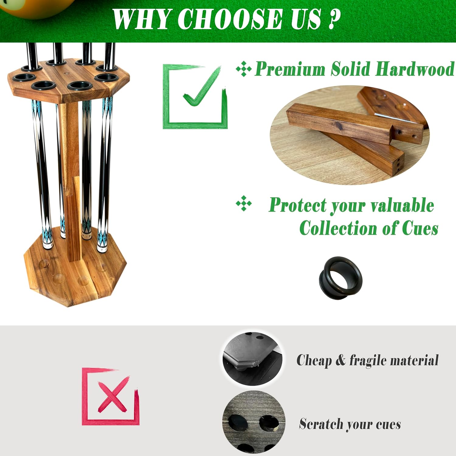 Freestanding Billiard Cue Rack, Pool Table Accessories Hold 8 Cues, Pool Cue Stick Holder, Wooden Floor Stand Pool