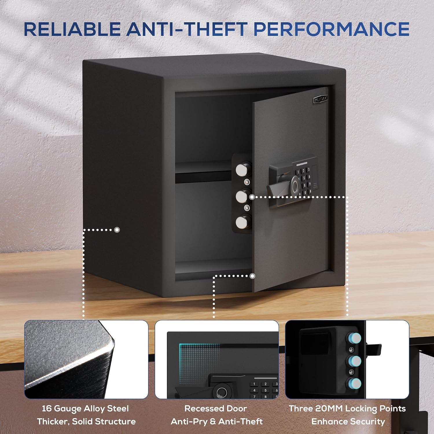 1.7 Cub Biometric Safe Box with Fireproof Bag, Quick-Access Fingerprint with Keys, Digital Keyboard, Type-C Port