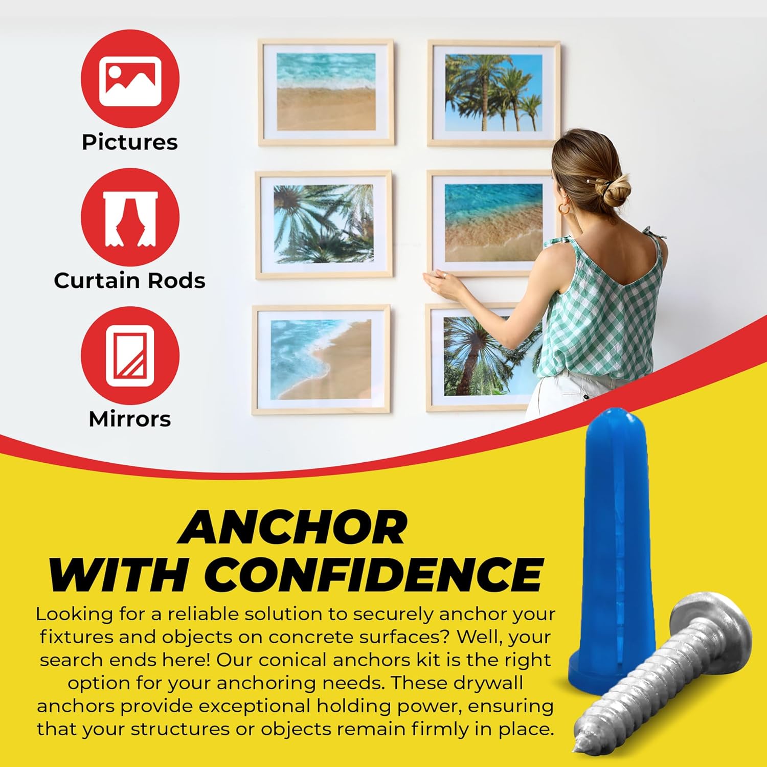 Conical Concrete Anchors and Screws Kit, Plastic Conical Wall Anchors for Lightweight Fixtures in Concrete, Block