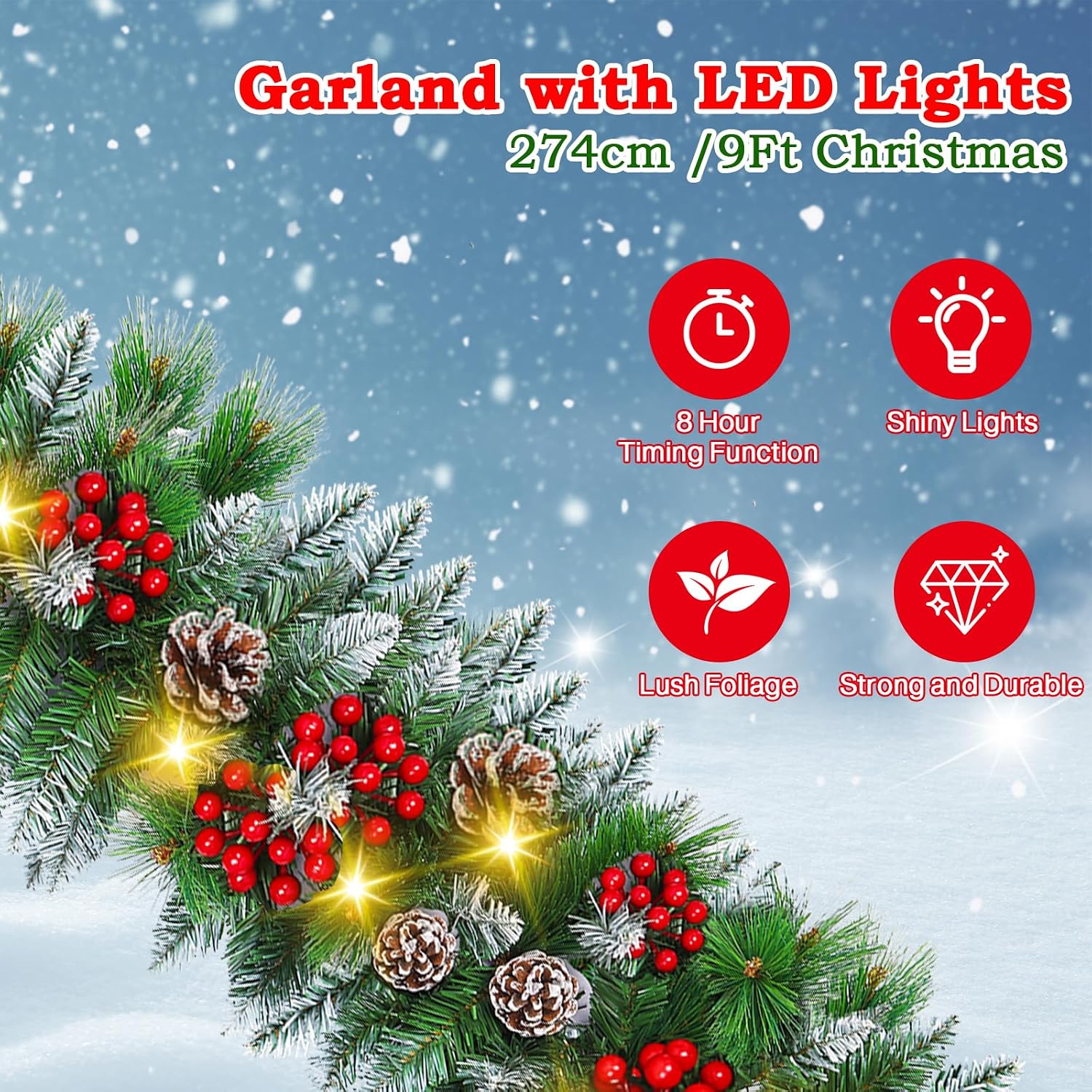 Christmas Garland with Lights - 9FT Pre-Lit Flocked Garland with 30 LED Bulbs, Red Berries, Pine Cones, Artificial