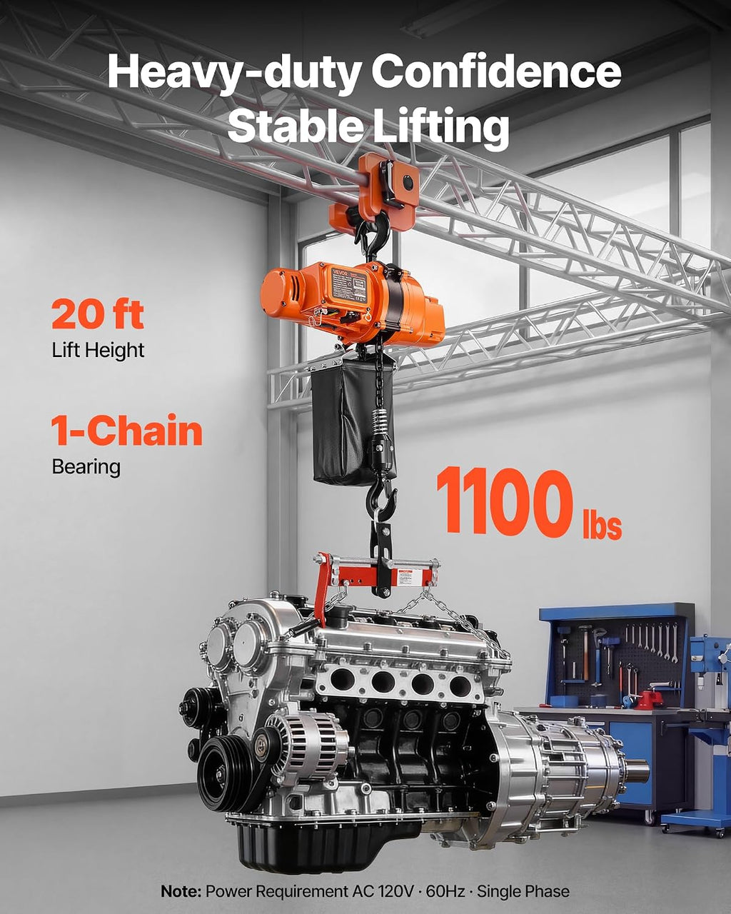 1100 lbs Electric Chain Hoist, 20ft Lifting Height, 120V 60Hz Single Phase Overhead Crane w/ 328ft Wireless & 15ft