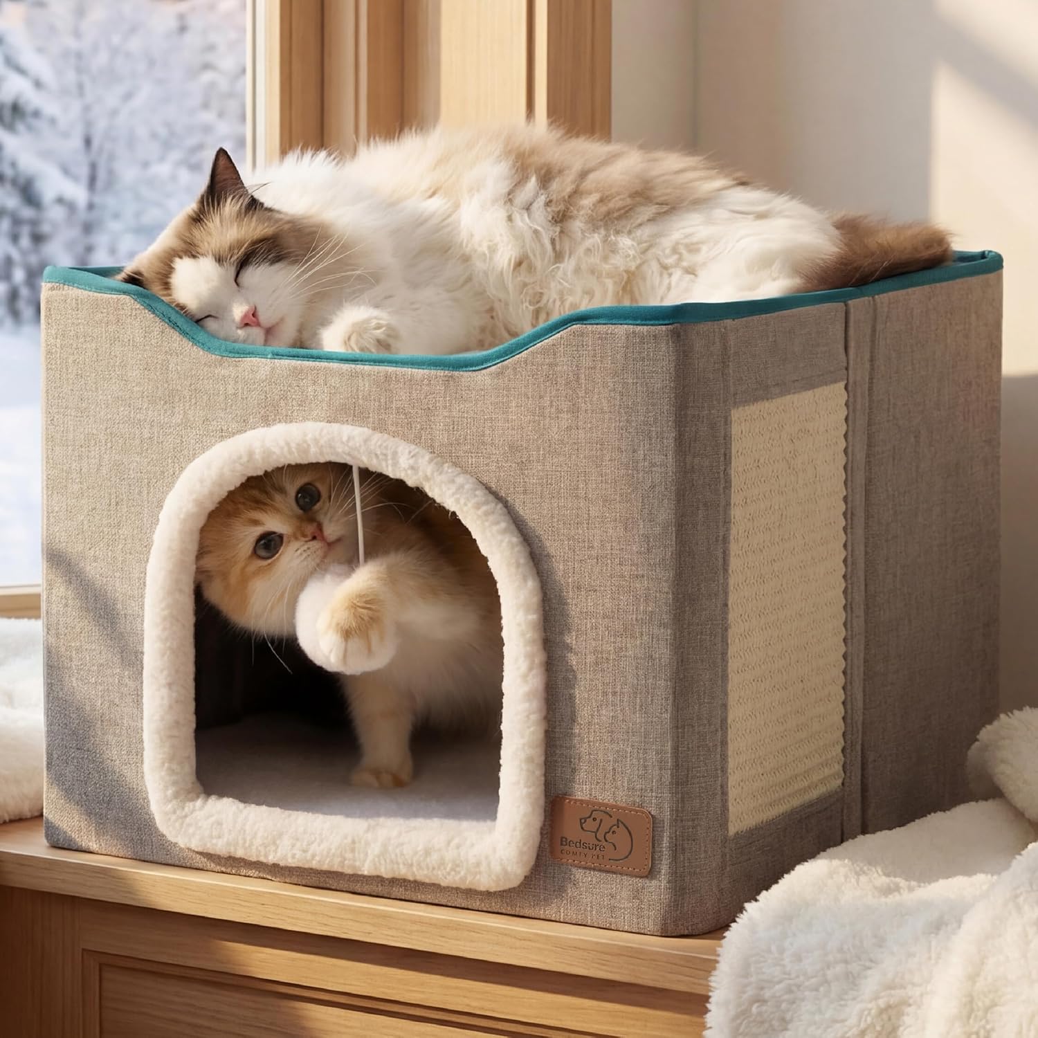 Cat Beds for Indoor Cats - Large Cat Cave for Pet Cat House with Fluffy Ball Hanging and Scratch Pad, Foldable Cat