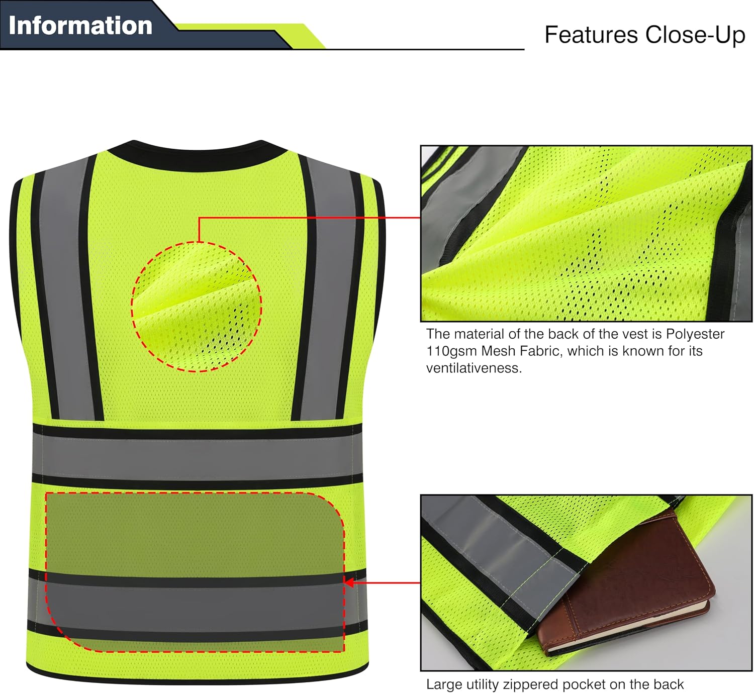 Class 2 High Visibility Reflective Safety Vests Women & Men | With 15 Pockets And Zipper Front,Meets Ansi/Isea Standards