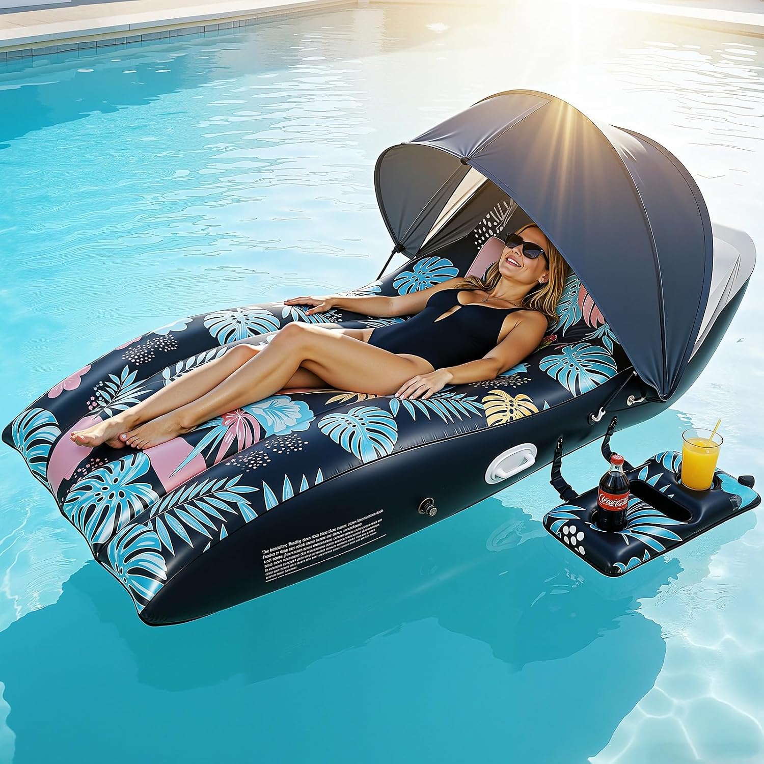 Pool Floats Lounger with UPF50+ Canopy Adjustable, Inflatable Large Floating Chair Ergonomic Design, with Cup