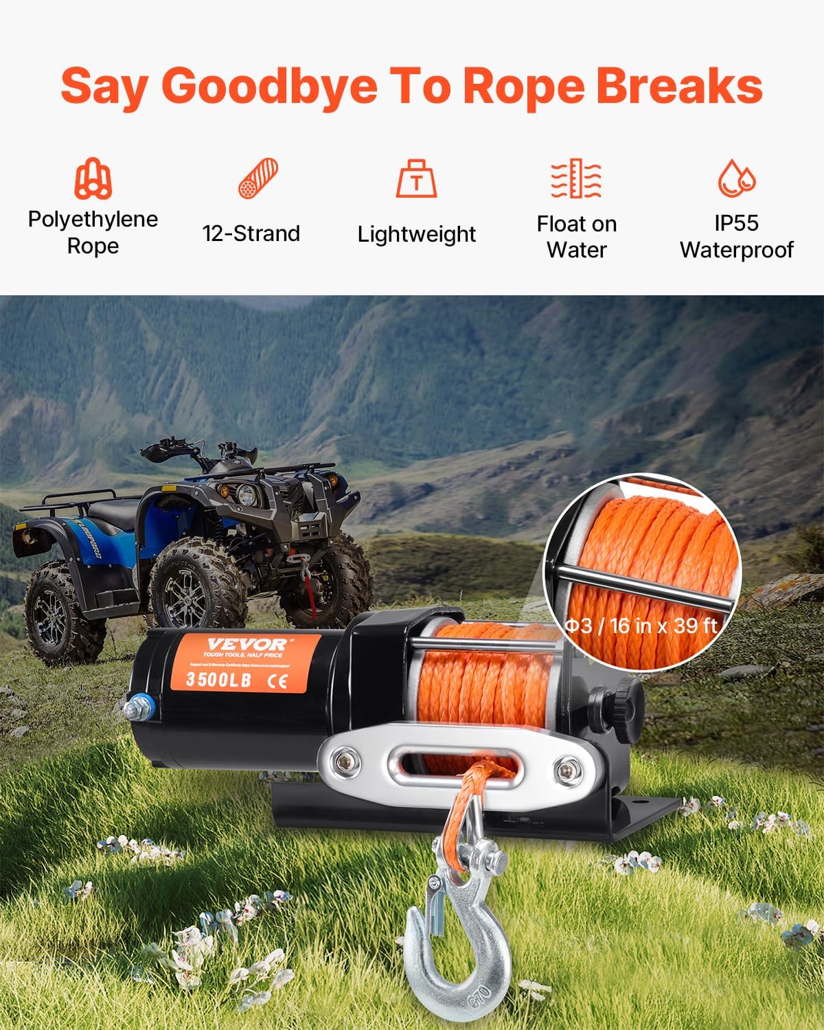 Electric Winch, 3500 lb Line Pull Capacity, 12V DC ATV Winch with Φ3/16 in x 39 ft 12 Strands Synthetic Rope &