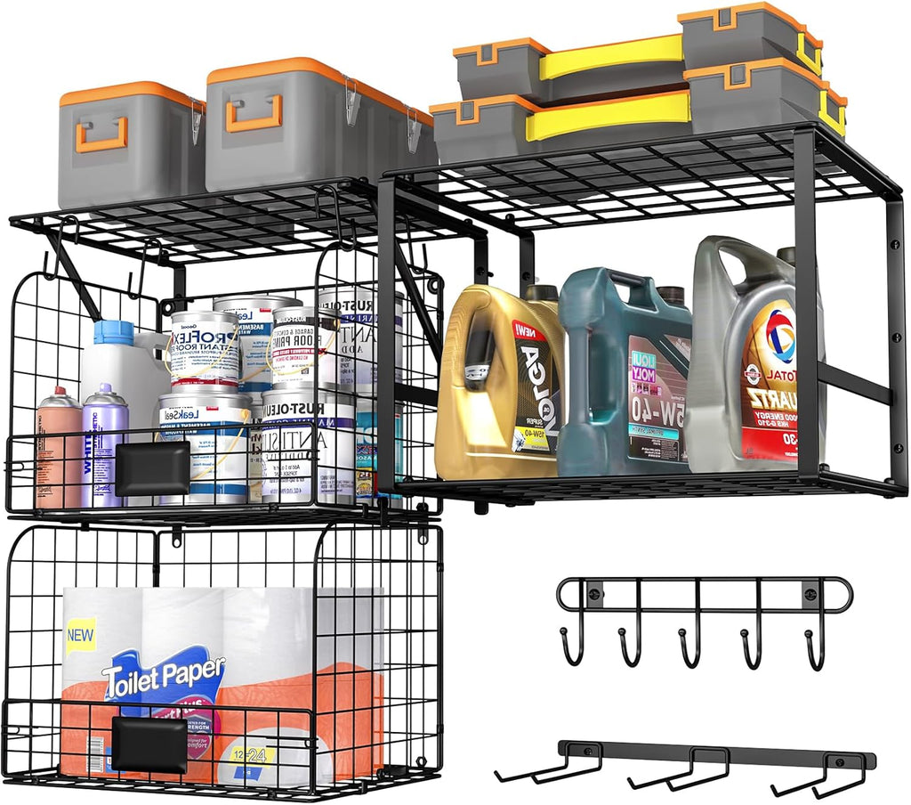 Garage Shelf Wall Mounted with Wire baskets, Heavy Duty Garage Wall Shelving with Garden Tool Rack and Hooks, Wire